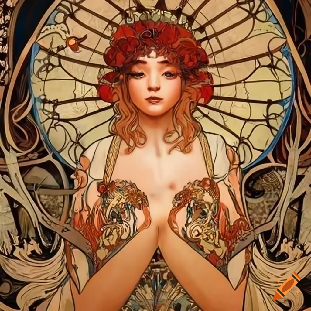 Intricate fish-shaped airship inspired by Alphonse Mucha's art style