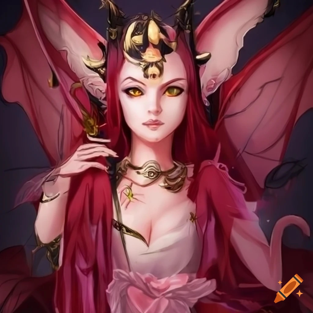 Greek goddess vampire queen with demon horns and bat wings in anime