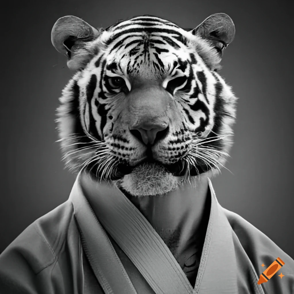 Paul Huglo practicing Shotokan Karate with a tiger symbol