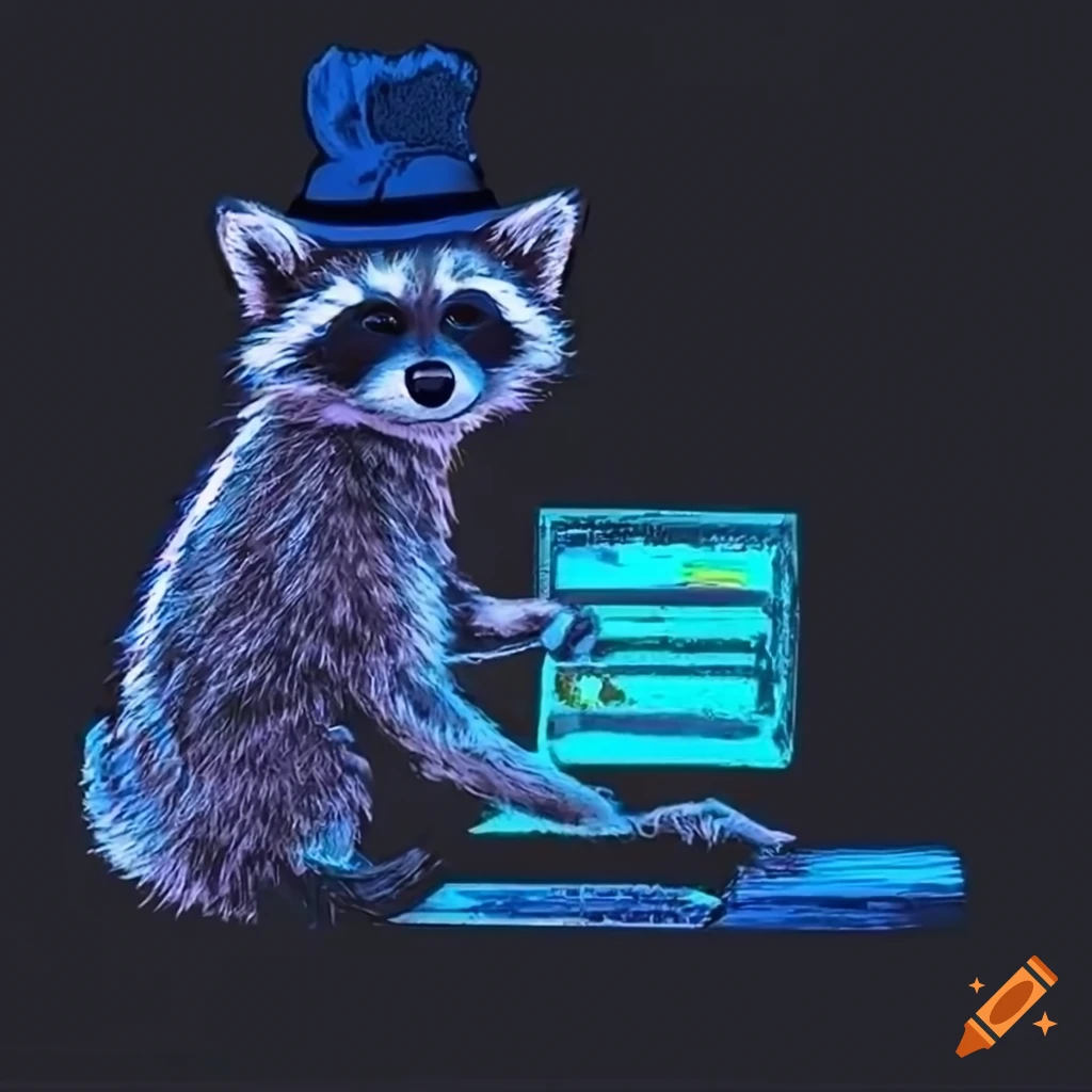 Raccoon wearing a grey hat using a computer in a neon-lit dark room