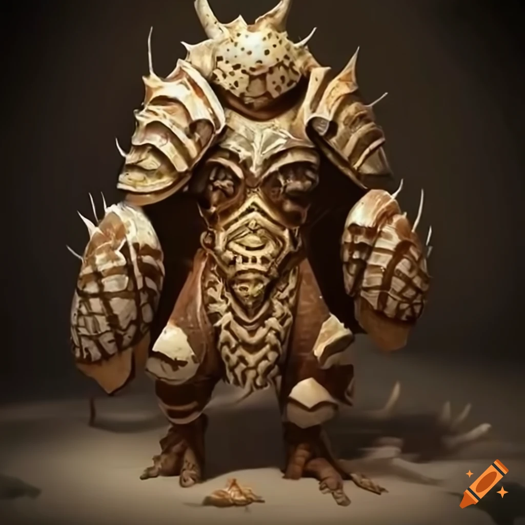 Humanoid amphibian paladin in tribal seashell armor
