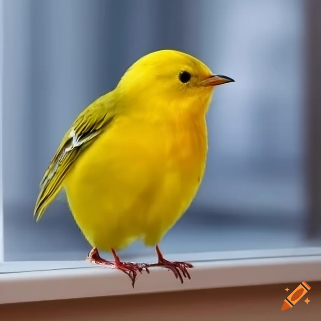 Yellow bird with yellow bill perched on windowsill on Craiyon