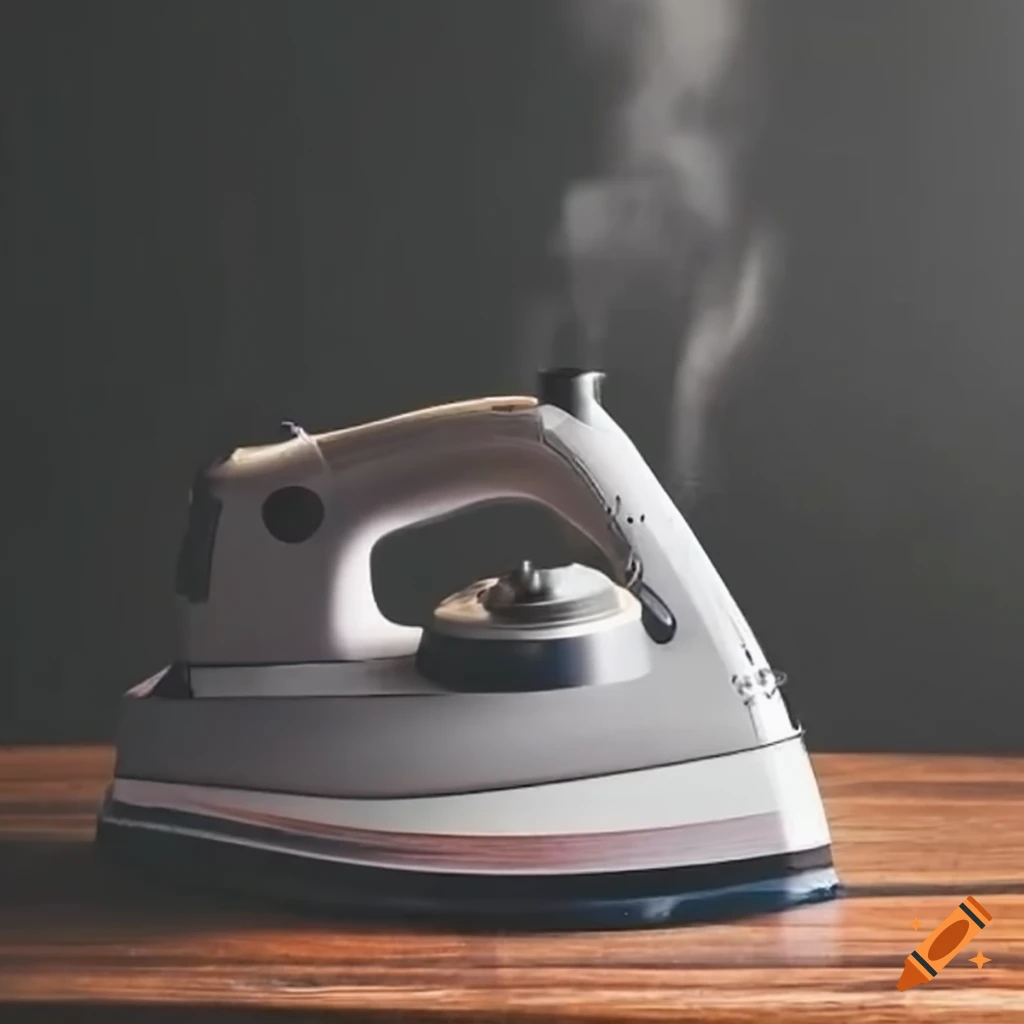 Steam iron on wooden table with steam around