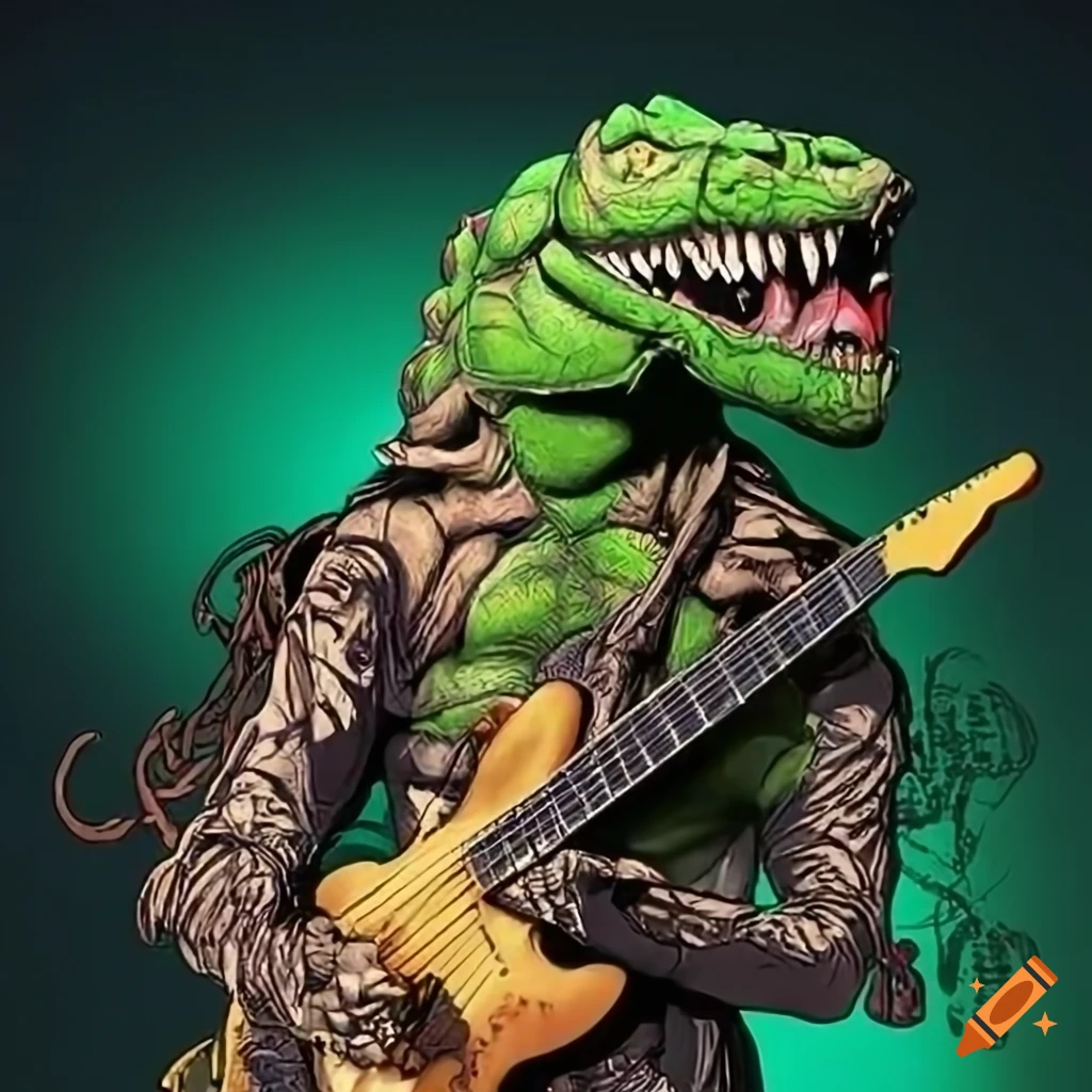 Music legend with 'K' on chest and green reptilian face playing guitar