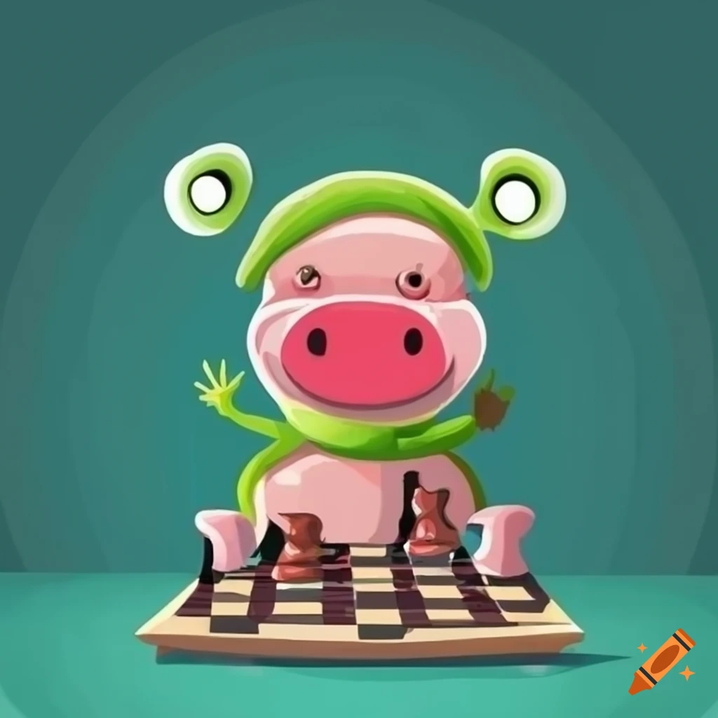 Cartoon pig wearing frog hat playing chess