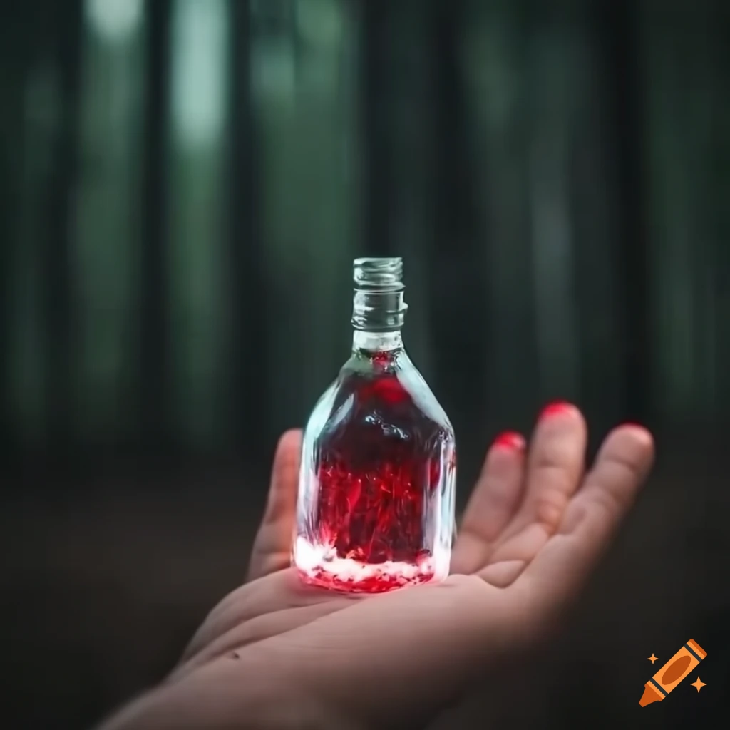 Hand holding a crystal bottle with red liquid in a dark forest