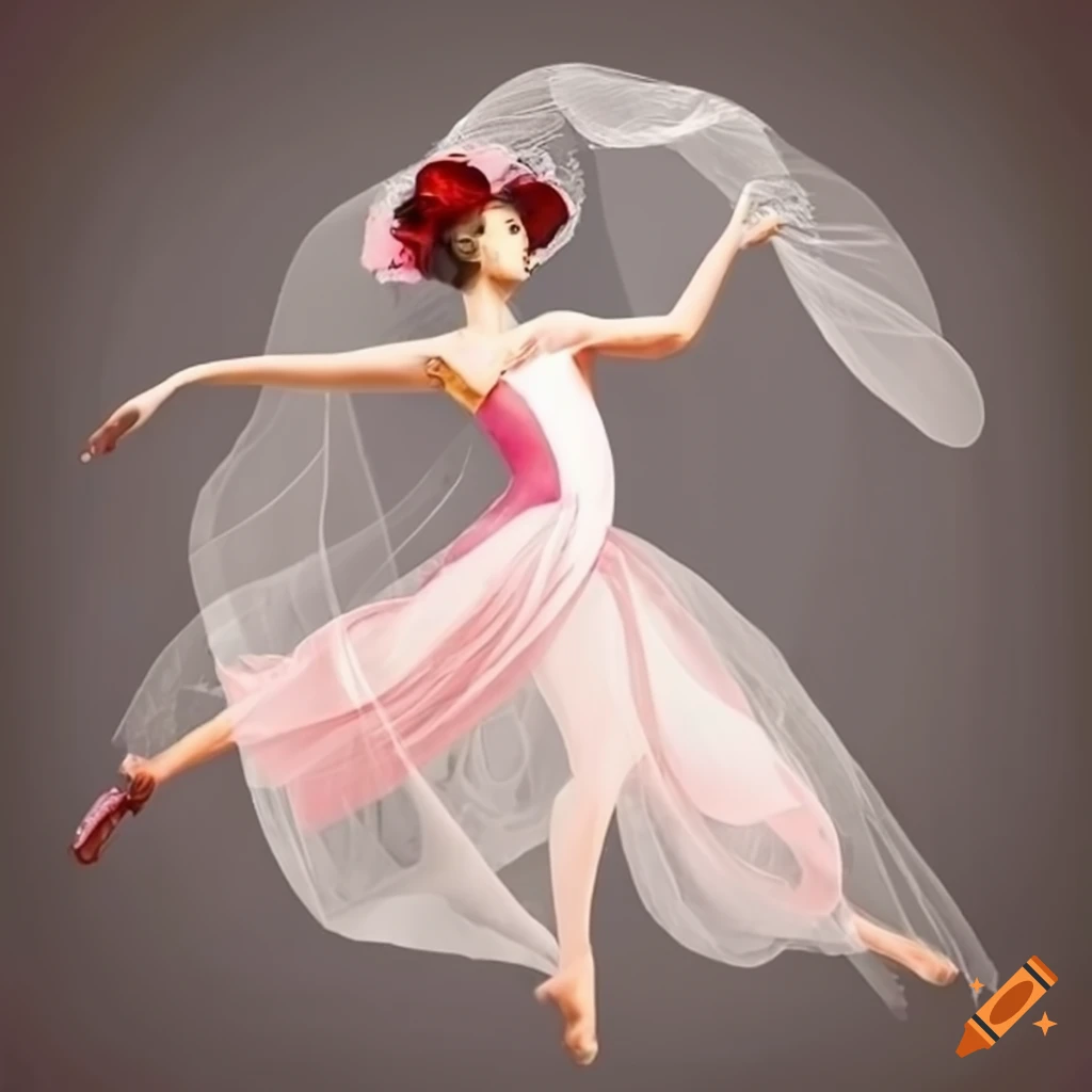 Expressive art nouveau ballerina dancing in a veil and hat with a sash in Moroccan style