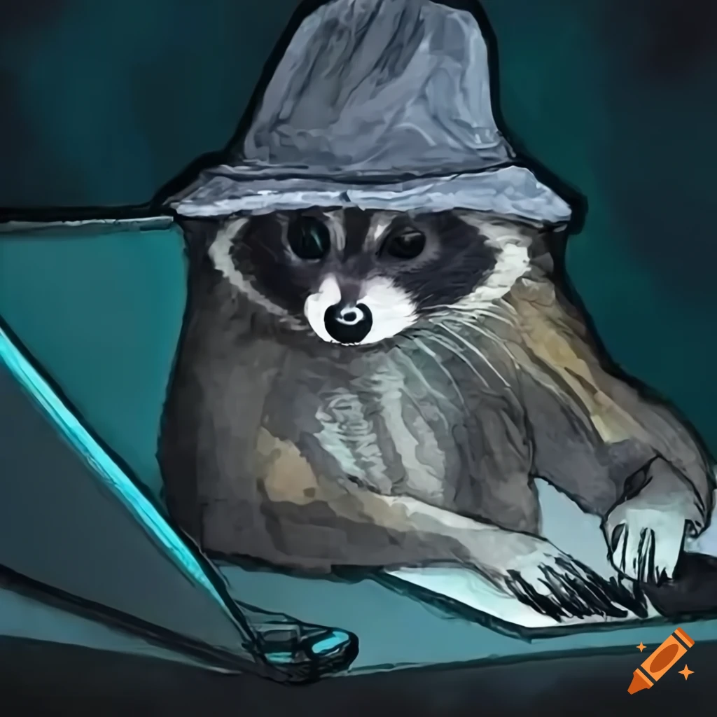 Raccoon wearing a grey hat using a computer in a neon-lit dark room
