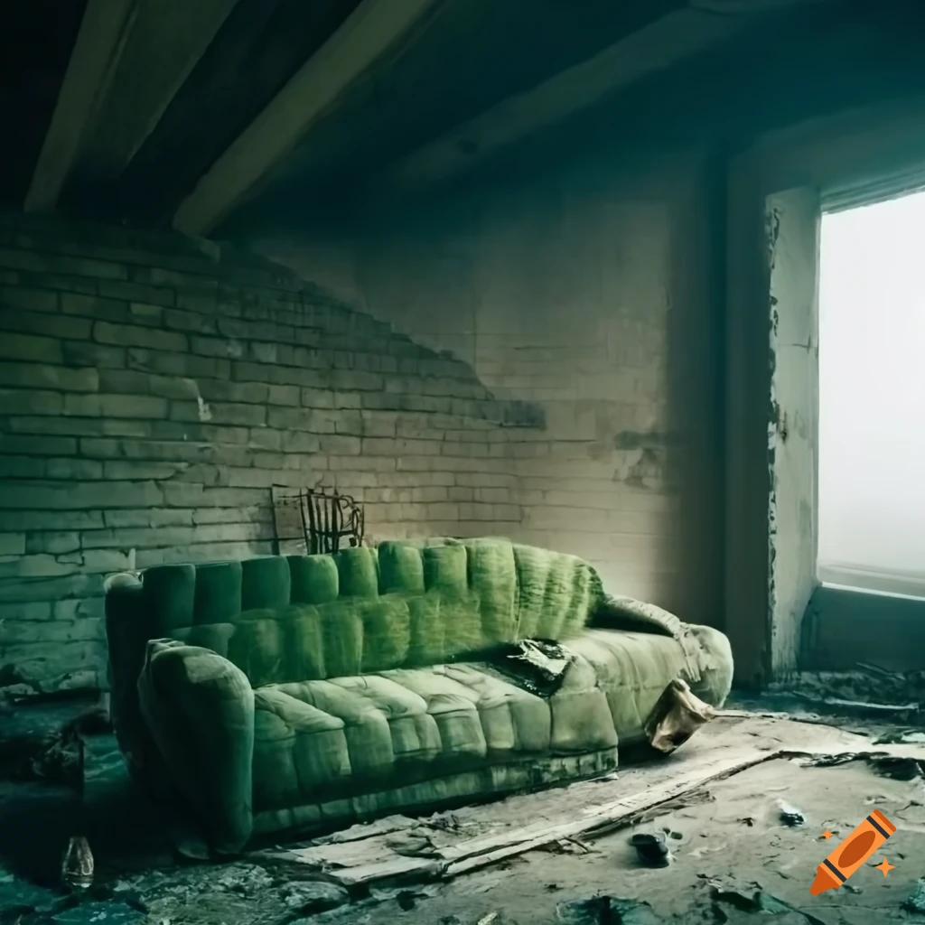 Detailed abandoned foggy attic with fireplace and ocean view
