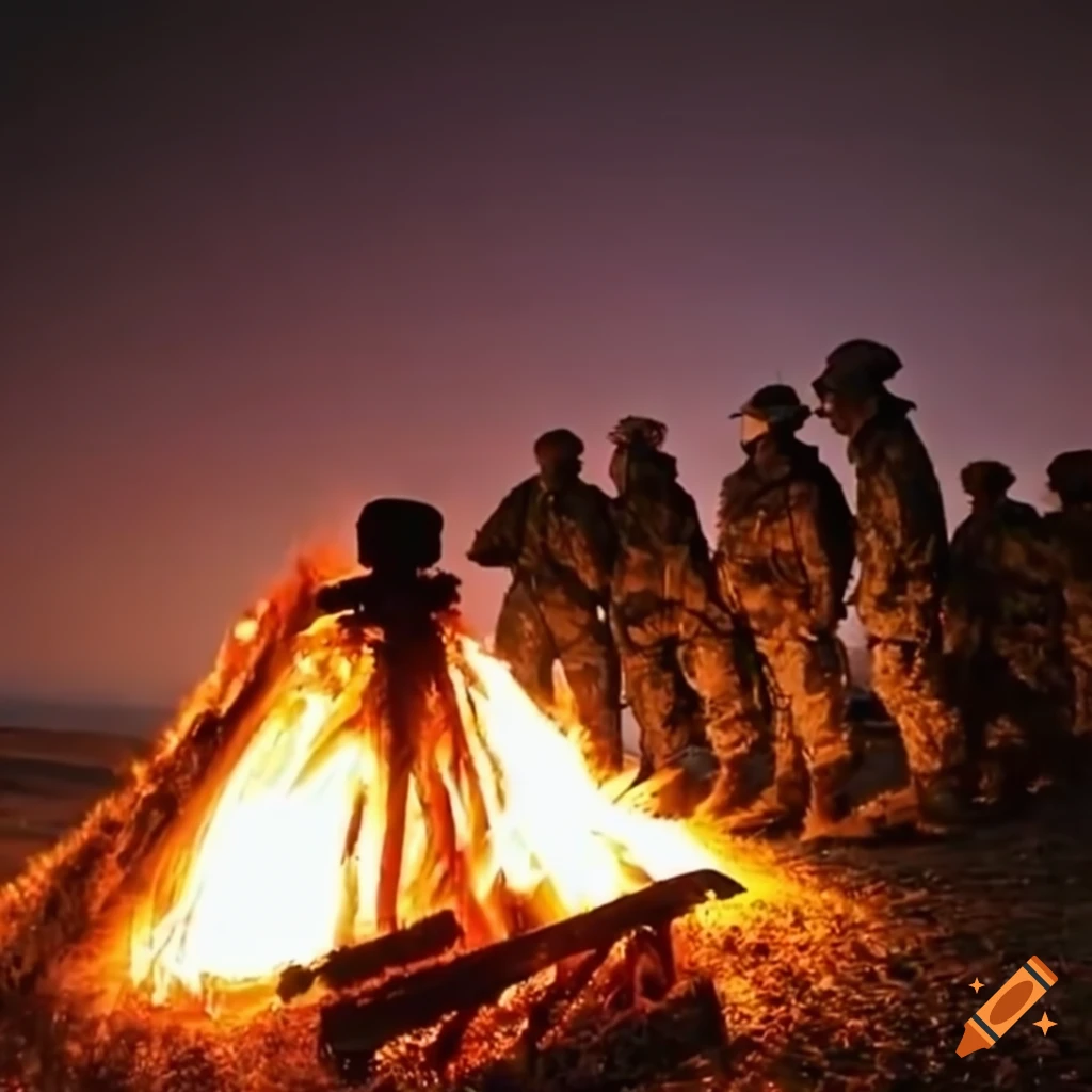 U.S. Marine Corps base with a bonfire under a clear night sky