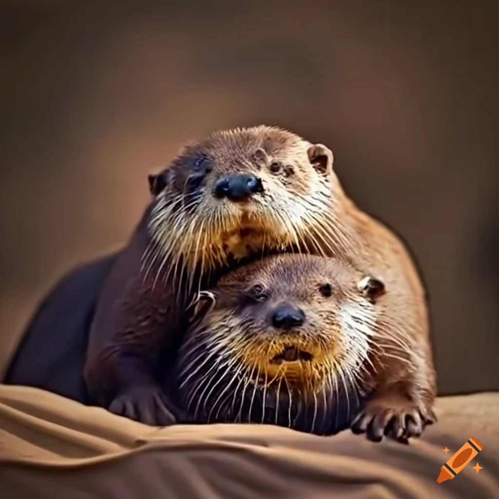 Two otters snuggled in bed