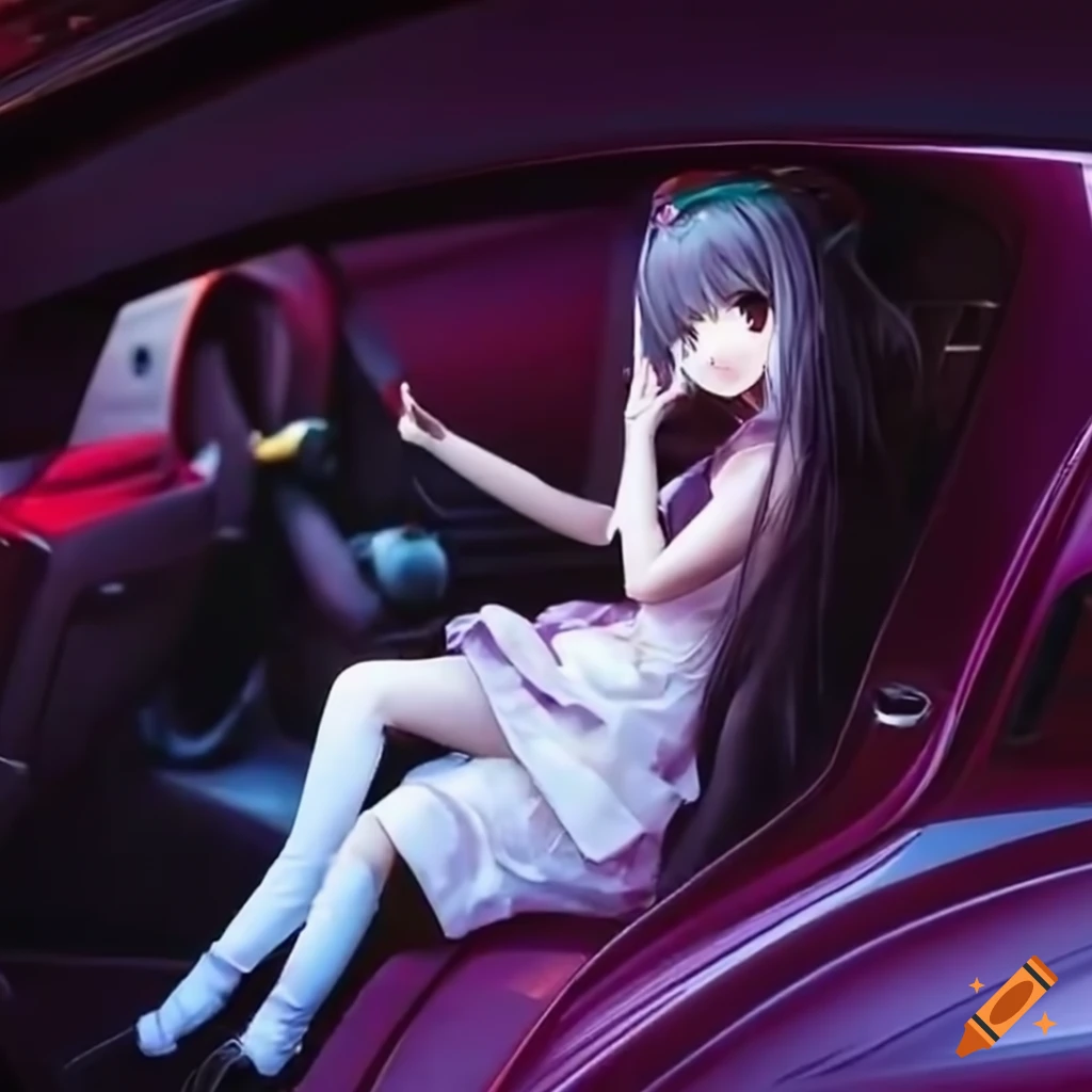 Japanese kawaii girl sitting on an expensive car