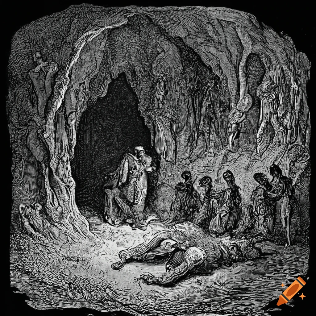 Vimes entering the cave in koom valley inspired by gustave doré on Craiyon