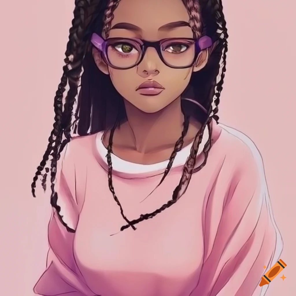 Anime Girl With Braided Hair Brown Eyes Pastel Purple Glasses Pastel Pink Sweater On Craiyon 