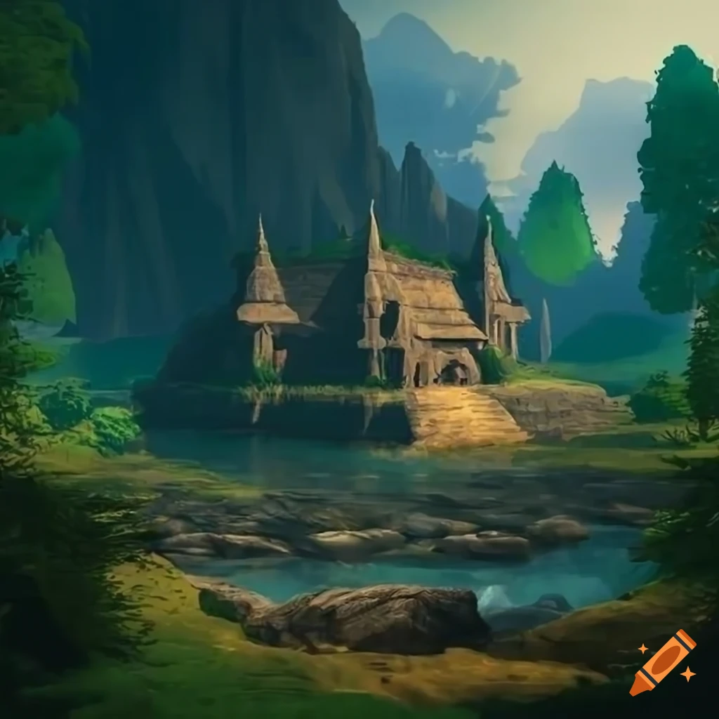 Stone-built medieval temple in a barren rocky landscape with a small pond and green trees