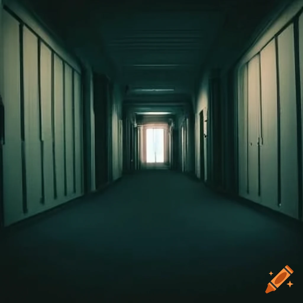 Empty hallway with doors and visual white noise distortion on Craiyon