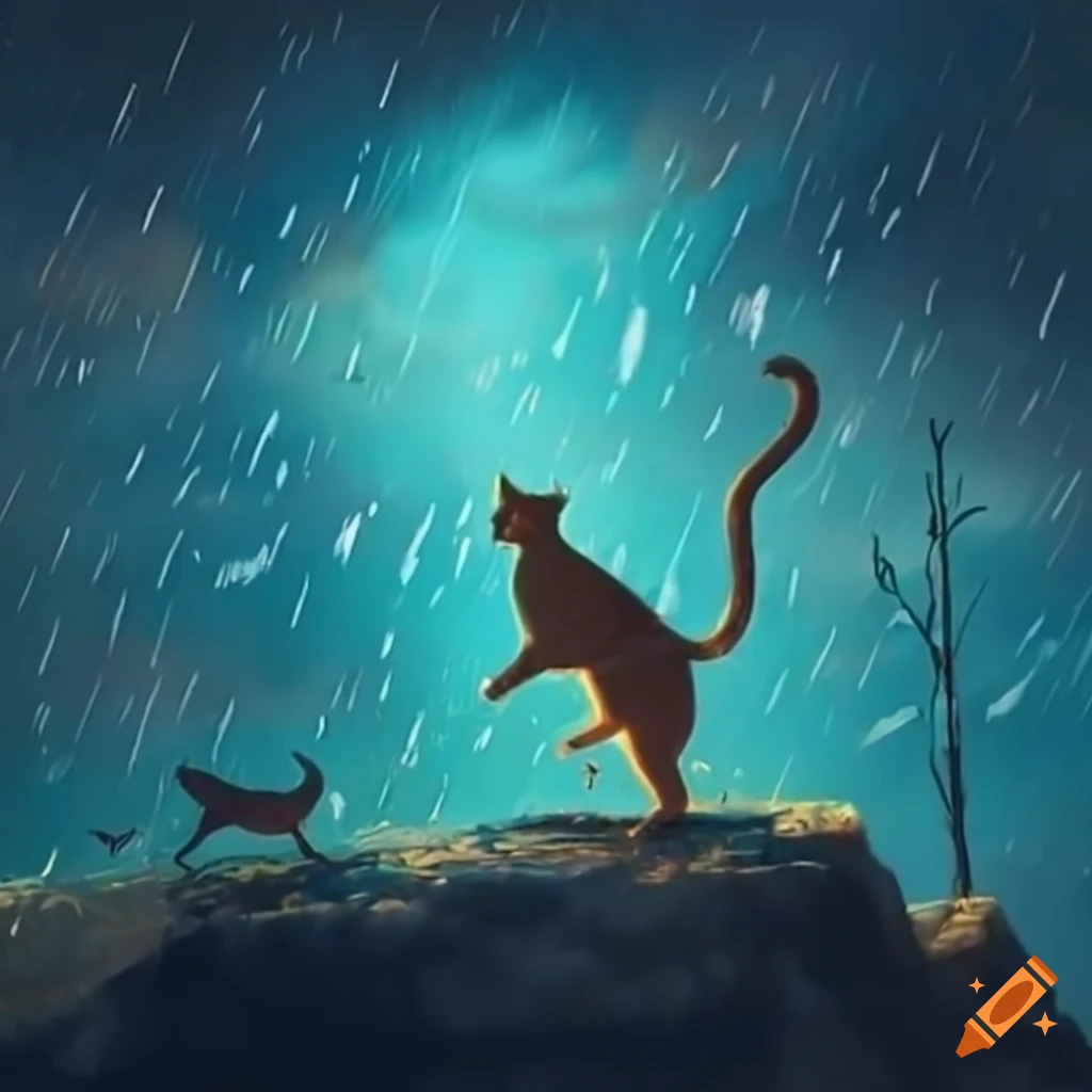 Whimsical scene of cats descending gently from the sky