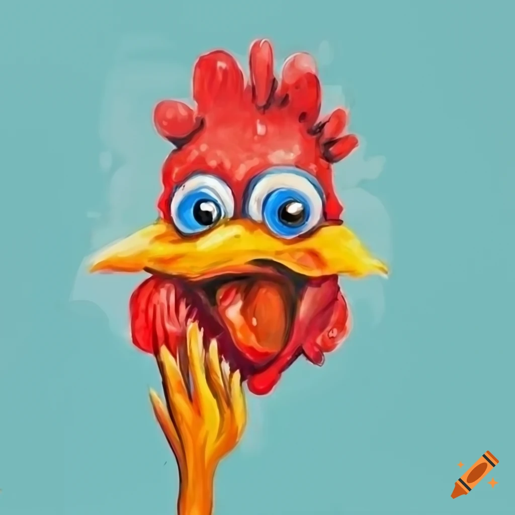 Cartoon chicken with human legs peeking out of its beak, humorous illustration