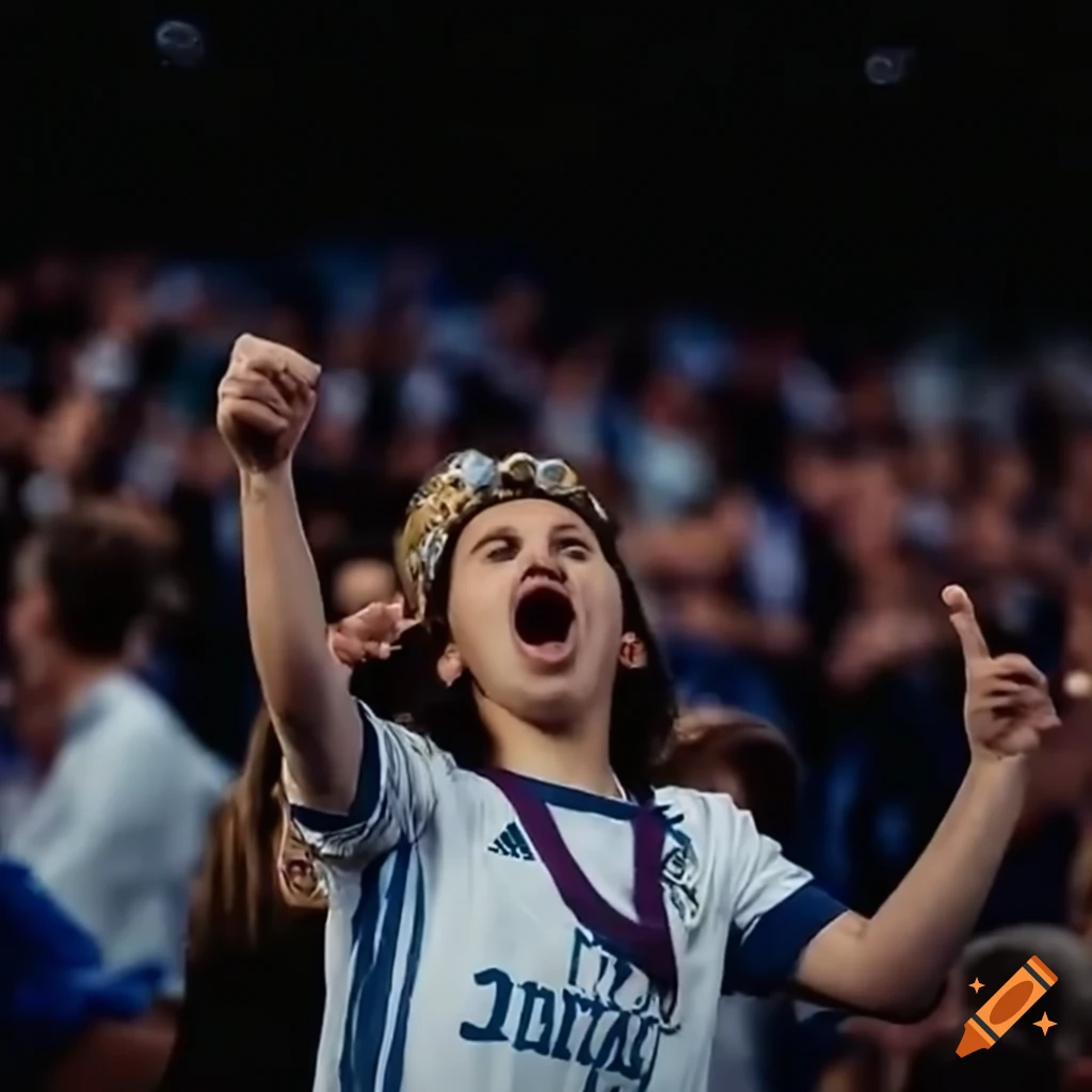 Enthusiastic Real Madrid fan cheering during a match