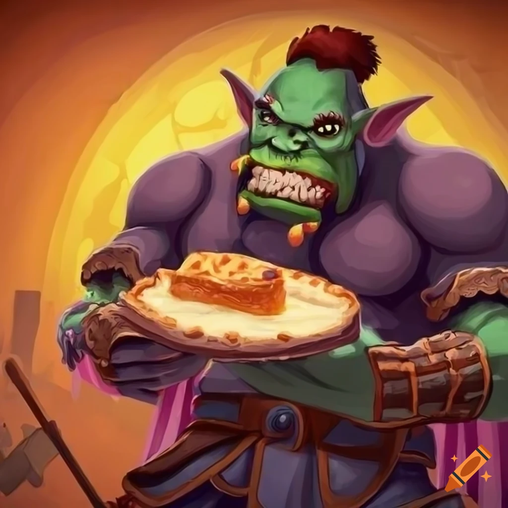 Colorful children's book cover with an orc warrior enjoying pie in a pie shop