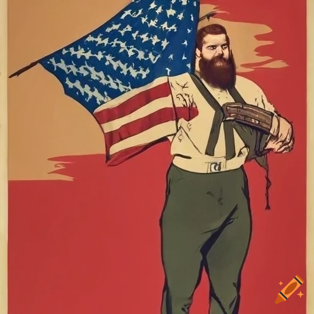 American man with a flag in high fantasy setting inspired by 1940's propaganda poster