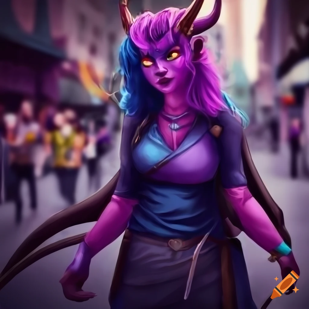 Tiefling rogue woman with blue skin and purple hair on a busy street