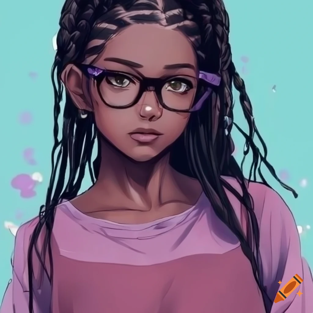 Dark Skinned Anime Girl With Braided Hair Pastel Purple Glasses And Pink Sweater On Craiyon 1097