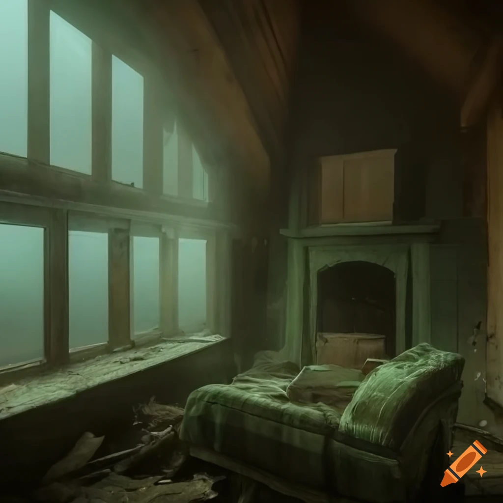 Detailed abandoned foggy attic with brick fireplace and ocean view