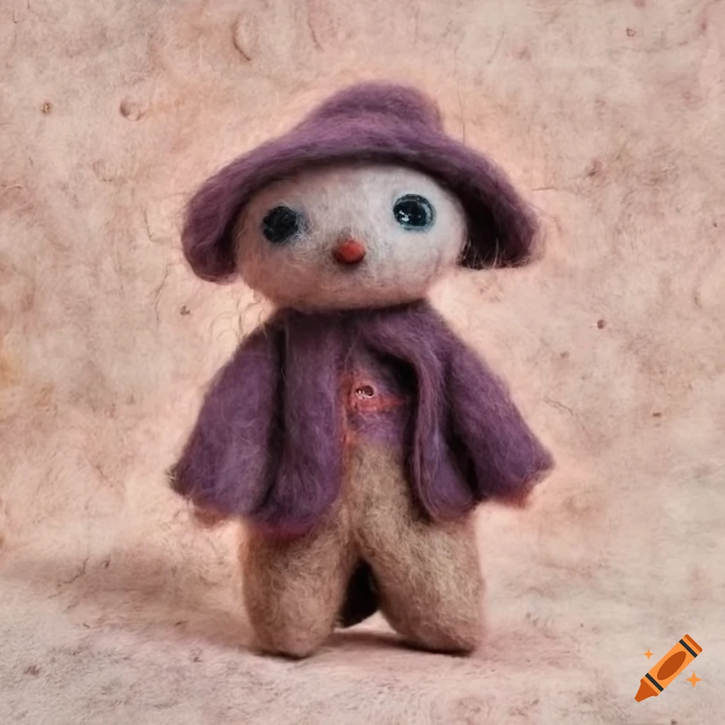 Felted wool creatures in stylish wool outfits on a textured background