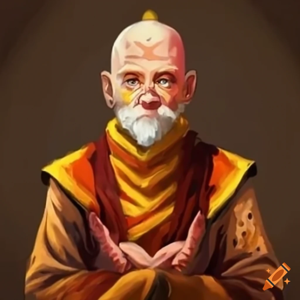 64-year-old airbending master in monk clothes with white beard and airbending tattoos
