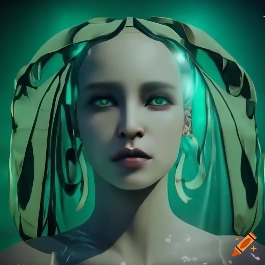 Artistic representation of a ballerina dancing in a veil and hat amidst futuristic green colors