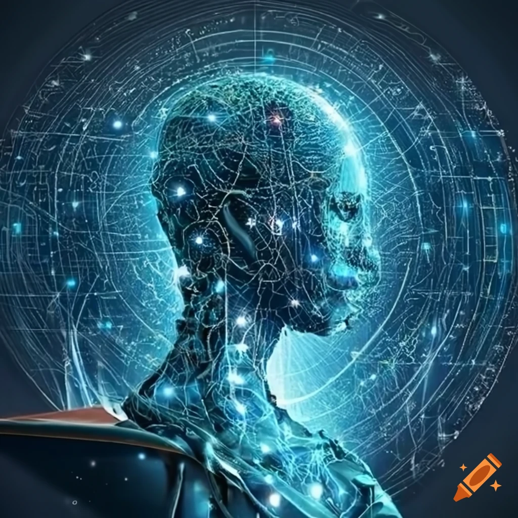 Future world with ancient knowledge and interconnected AI networks in balance