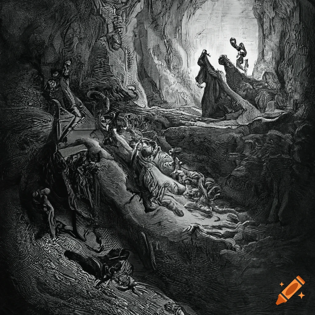 Vimes entering the cave in koom valley inspired by gustave doré, scene