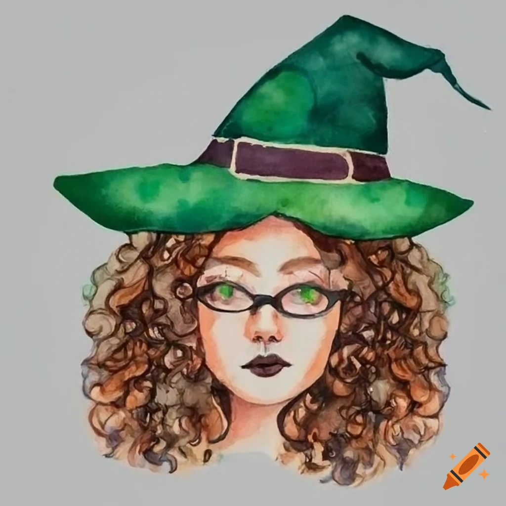 Witch with curly brown hair, glasses, green eyes, and dark green hat