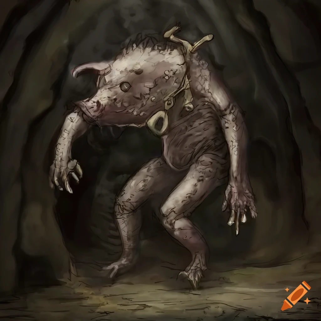 Humanoid pig creatures with bone weapons in a dark cave in comic book style