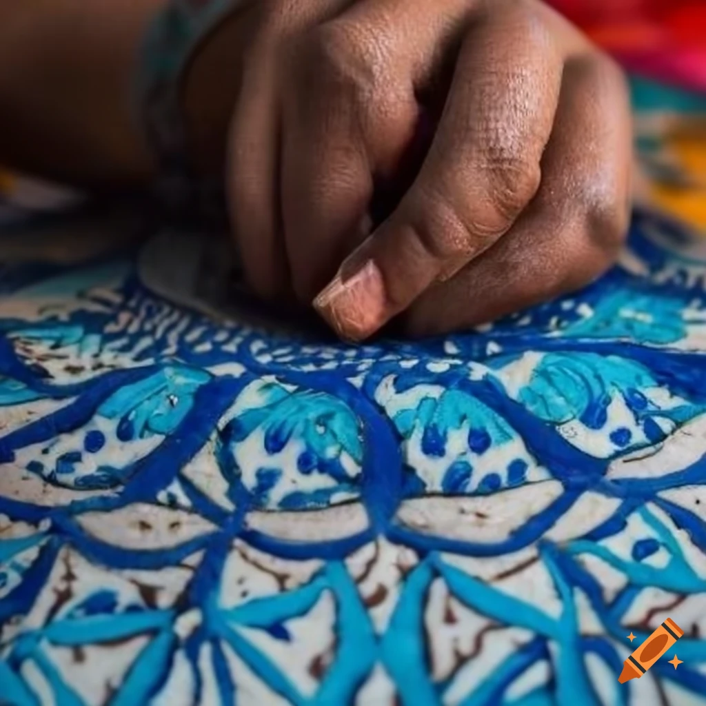 Pakistani woman sewing handcrafted multani blue pottery table mats on