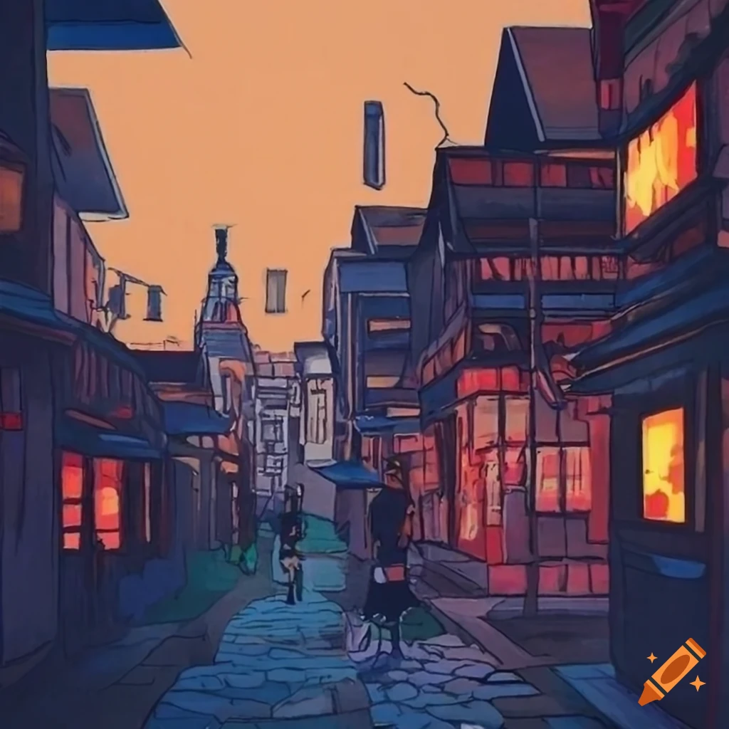 Evening town view in ukiyoe style