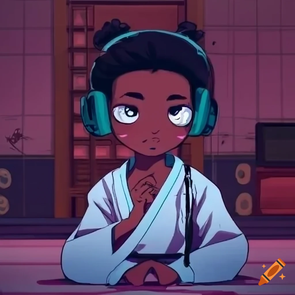 Lofi karate black girl in dojo listening to Walkman cassette player