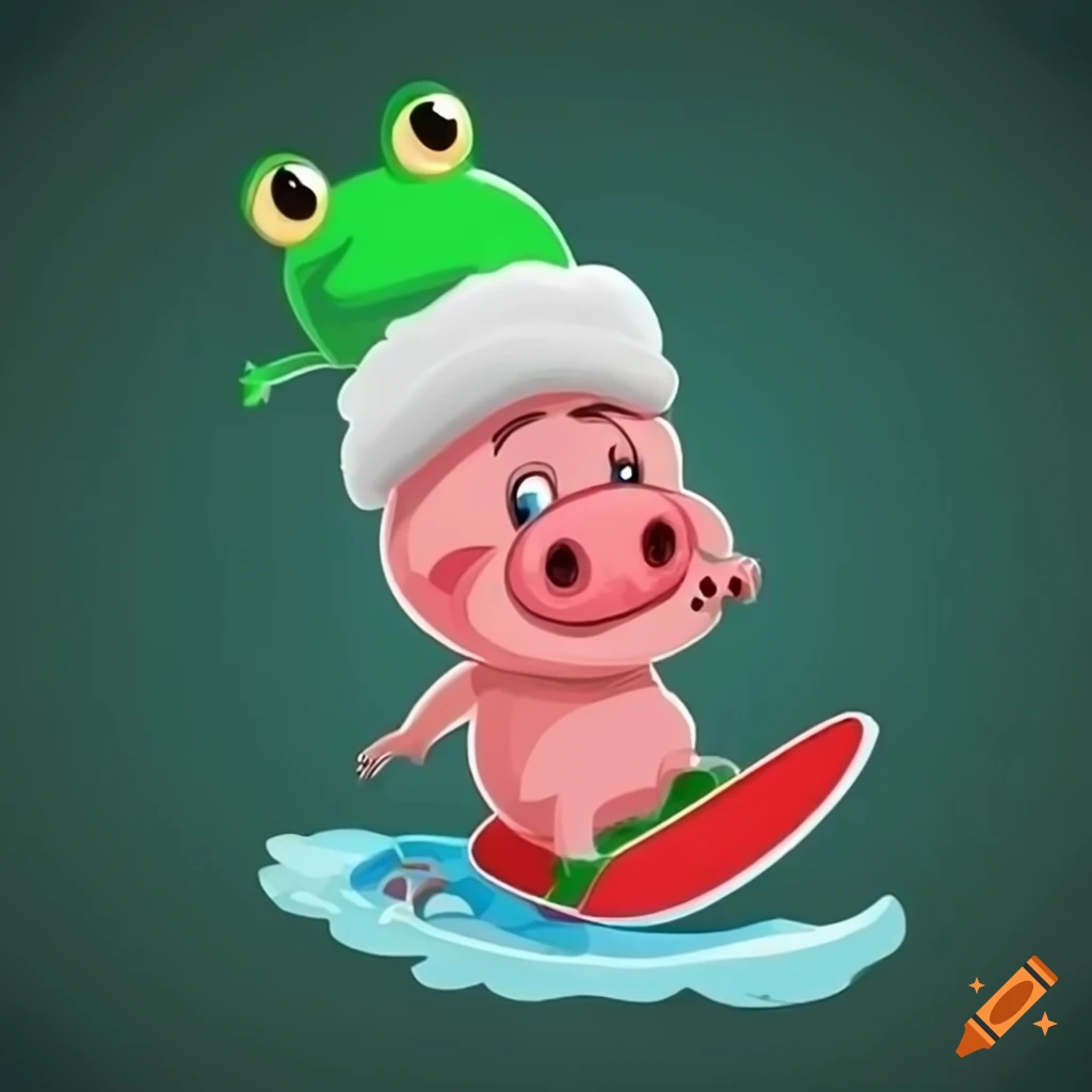 Adorable cartoon pig in a frog-shaped winter hat surfing