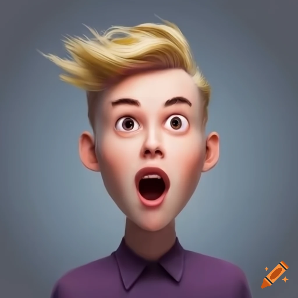Surprised young man with blond hair in Pixar style on grey background