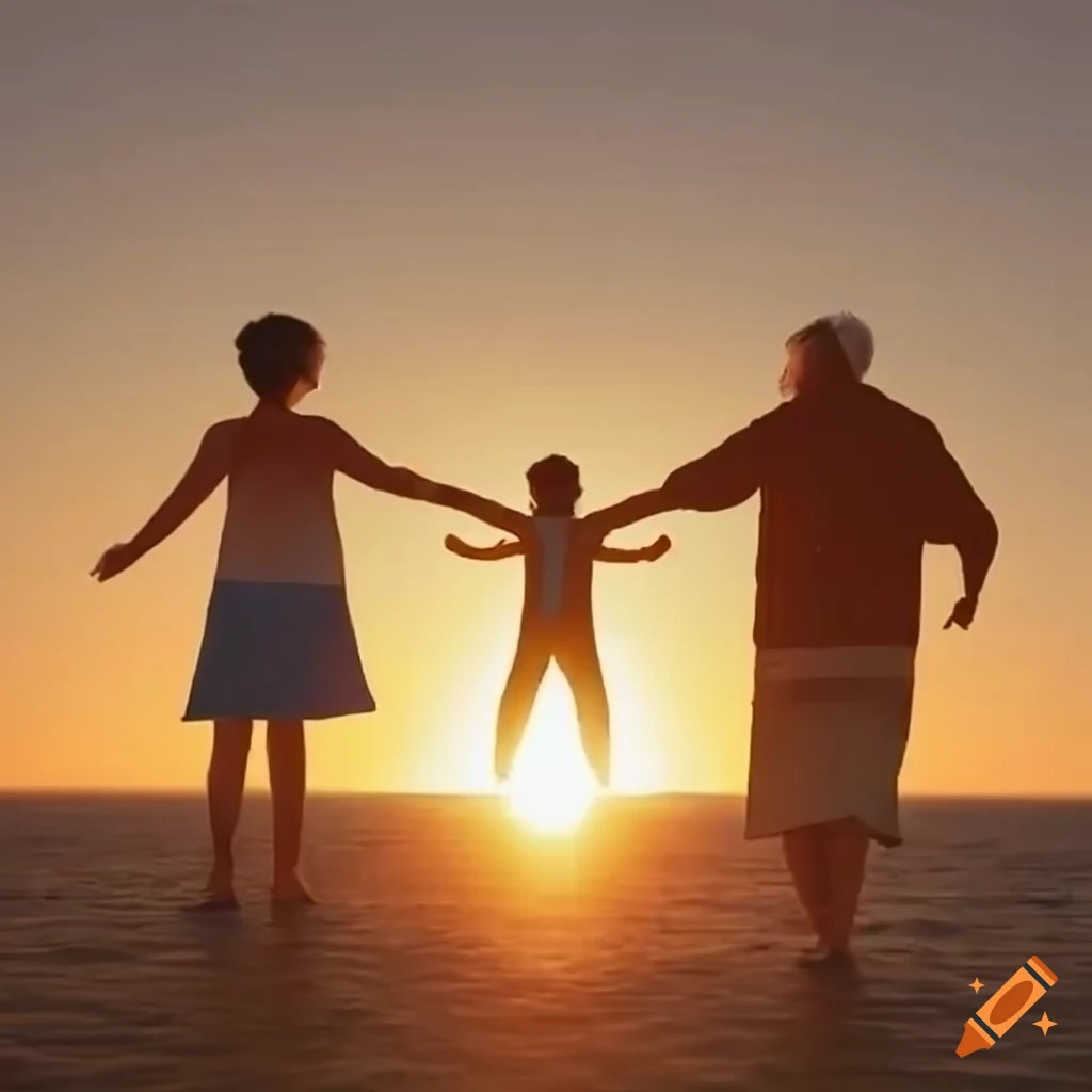 Happy family enjoying sunset with grandfather and grandmother