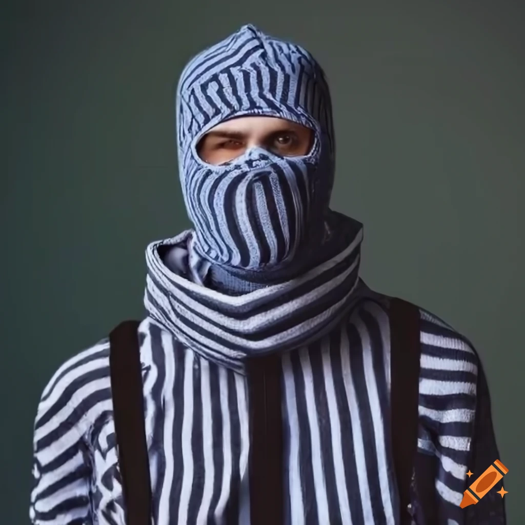Criminal in striped shirt and ninja ski mask, photorealistic style