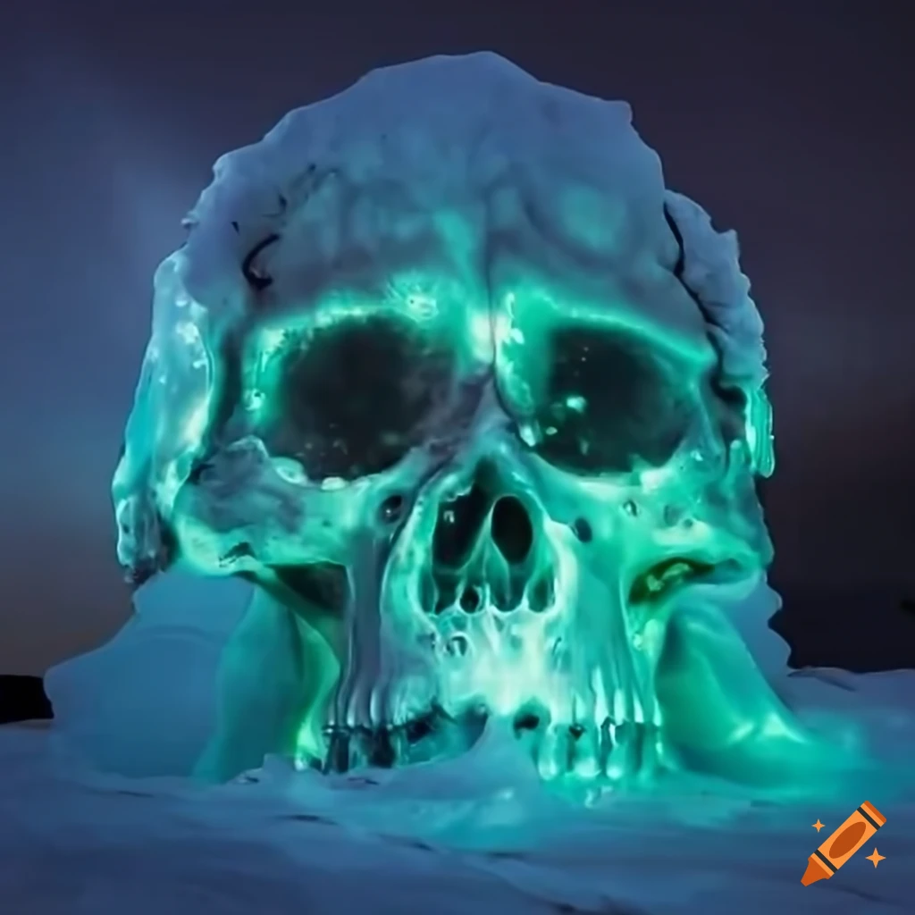 Human skull made of ice in a frozen tundra under aurora borealis