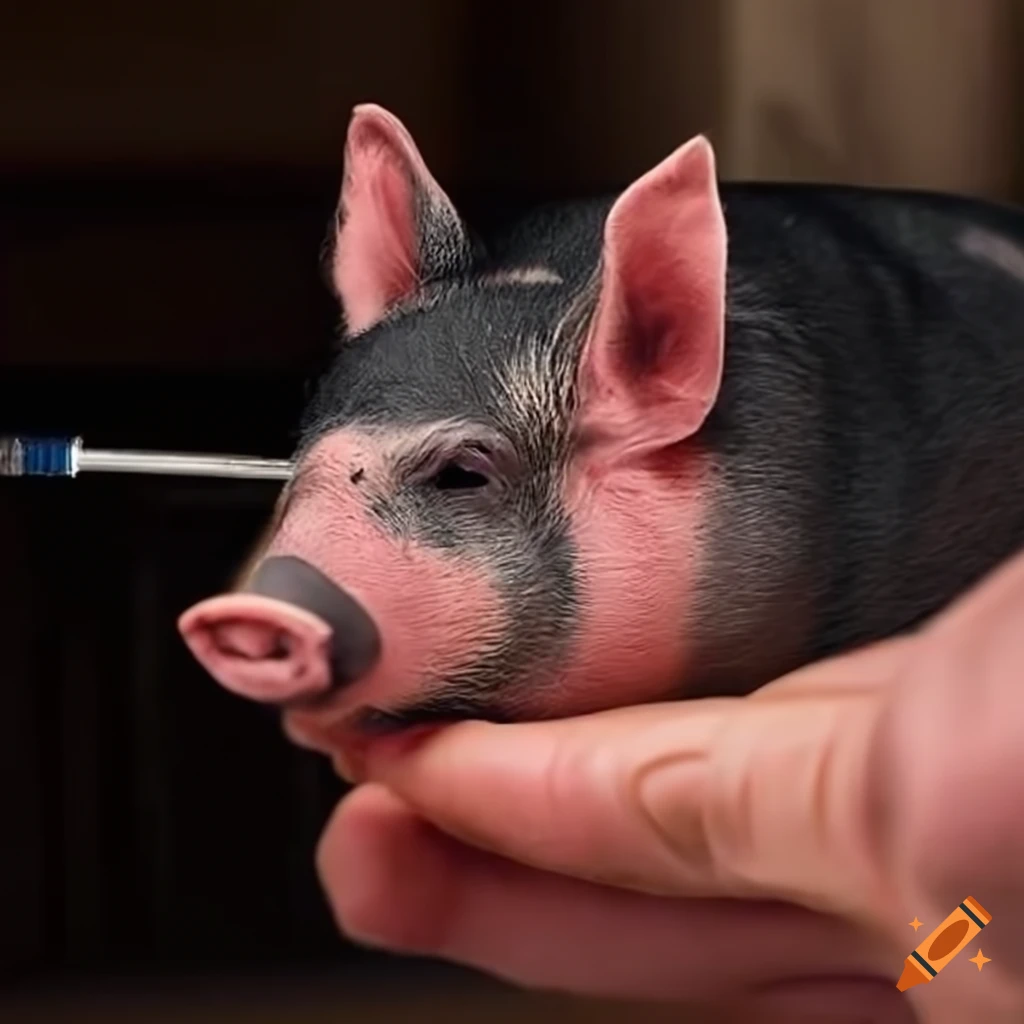 Veterinarian administering injection to small pig in a kitchen near fireplace