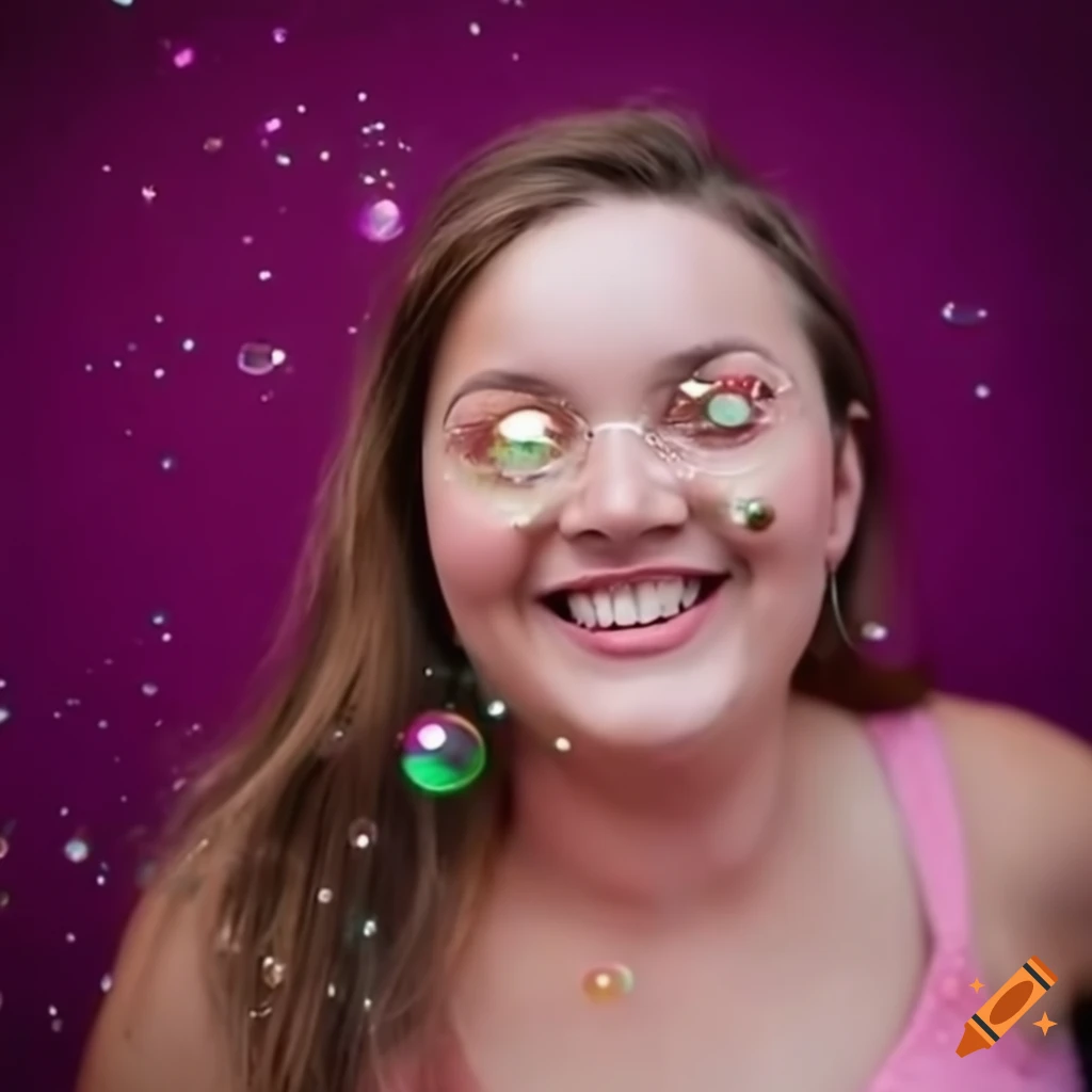 Curvy woman named Glitter Bubbles in sparkly pink attire smiling