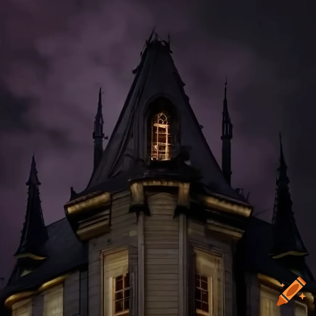 Spooky bat on a gothic mansion rooftop at night with ripe fruit