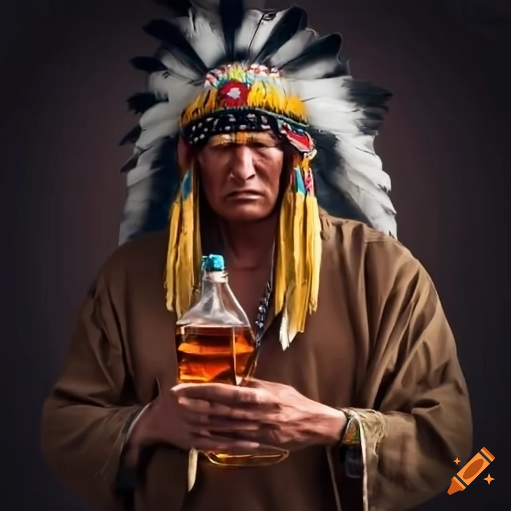 Native american man holding a bottle of whiskey on Craiyon