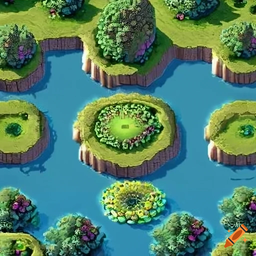 Aerial view of a lake with giant water flowers and willow trees in a 2d