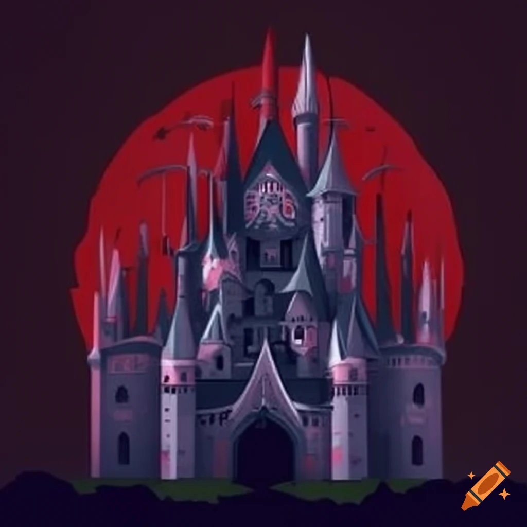 Red gothic castle with bats flying in a Bryan Lee O'Malley style