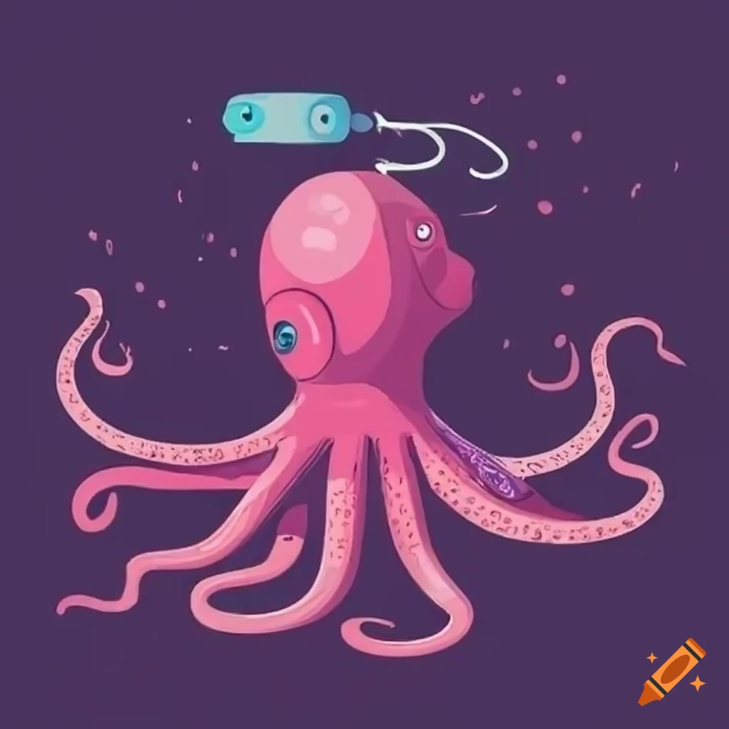 Unrealistic robot octopus with tentacles anchored to the ocean floor and a tube on its head